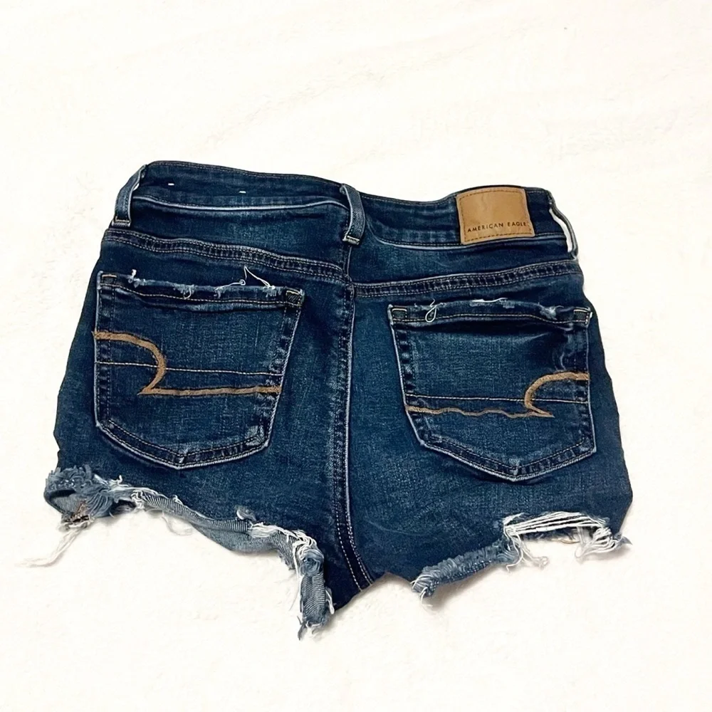 American Eagle High Rise Shortie Dark Wash Distressed Denim Shorts Size 0 Blue